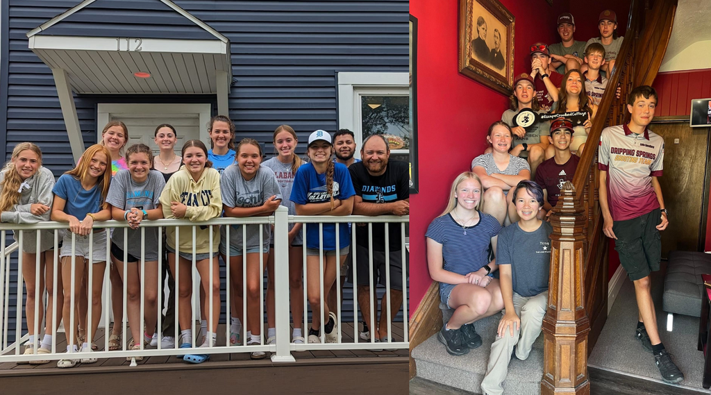 two side by side photos of large groups of players in the lobby and in front of Crooked Cottage Escape Rooms